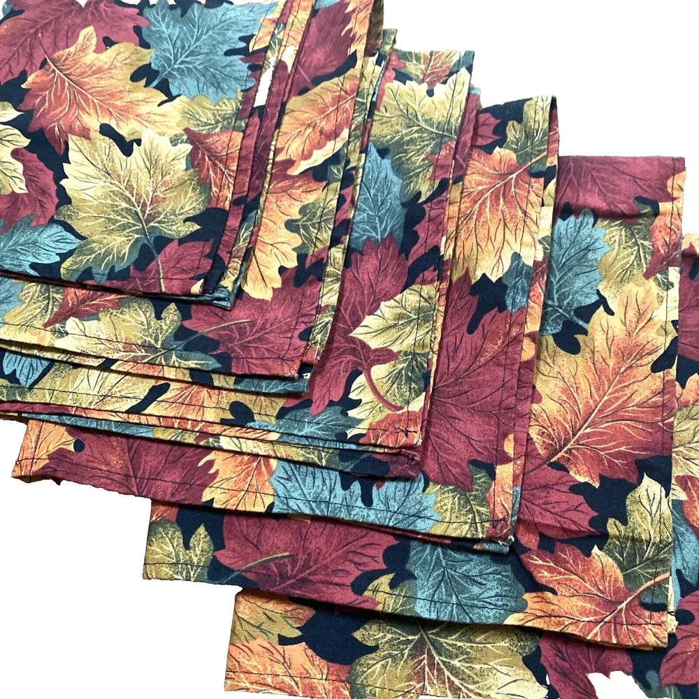 Vintage Cloth Napkins Set of 6 Autumn Leaves Design Cotton Square Red Green Gold
